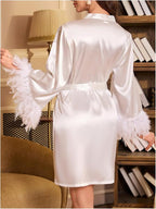 GORGLITTER Women's Satin Kimono Robe Feather Silk Robes Bridal Party Bridesmaid Robes