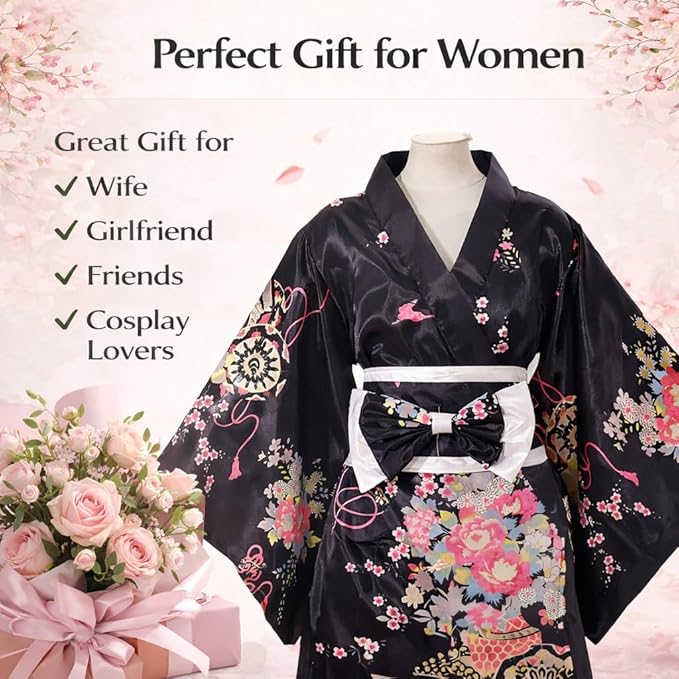 Kimonos for Women Japanese Style Satin Kimono Robe with Bow Belt Fan Hair Accessory and Tabi Socks