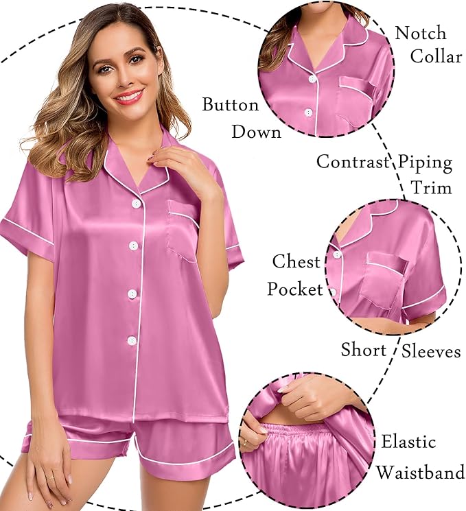 LecGee Womens Silk Satin Pajamas Short Sleeve Loungewear Two-Piece Sleepwear Button-Down Pj Set