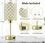 GyroVu Crystal Table Lamps Set of 2, Gold Touch Lamp for Nightstand with USB C+A Ports, Dimmable Small Bedside Lamp with Crystal Shade, End Table Desk Lamps for Bedroom, Living Room(Buld Included)