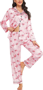 SWOMOG Womens Silk Satin Pajamas Set Long Sleeve Button Down Sleepwear 2 Piece Lounge Set Pj Set XS-3XL