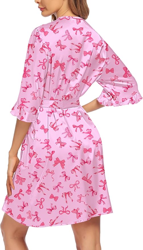 Ekouaer Women's Satin Robe Valentines Lingerie for Women Kimono Bathrobe Short Ruffle Belted Robes Bridesmaids Sleepwear