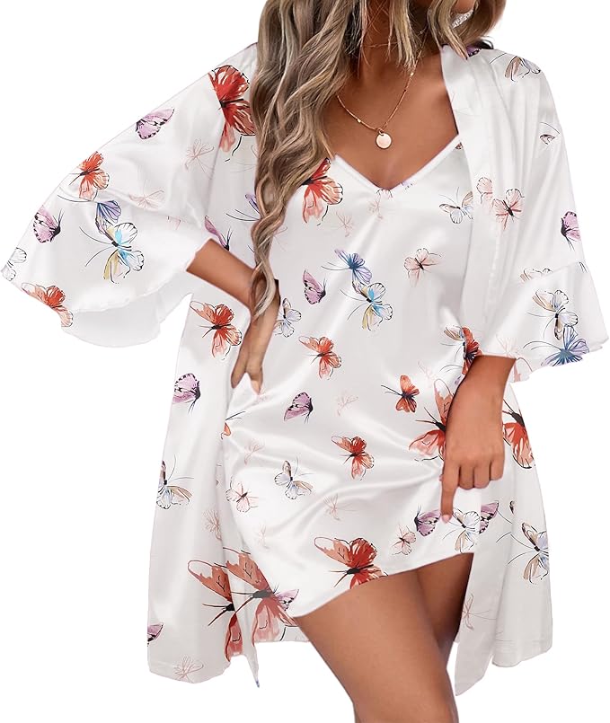 Ekouaer Women's Silk Robe Set V-neck 2 Piece Bridal Party Robes and Satin Bathrobe Set with Pockets