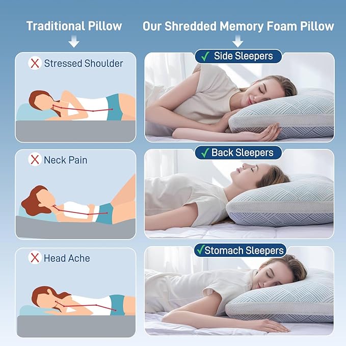 Alkyonos Shredded Memory Foam Cooling Soft Bamboo Viscose Pillows King Set of 2, Adjustable Hypoallergenic Hotel Quality Pillows for Stomach, Back and Side Sleeper, Oeko-TEX Certified