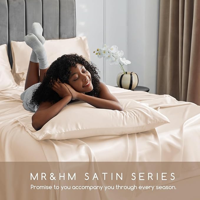 MR&HM Satin Bed Sheets, Full Size Sheets Set, 4 Pcs Silky Bedding Set with 15 Inches Deep Pocket for Mattress (Full, Beige)