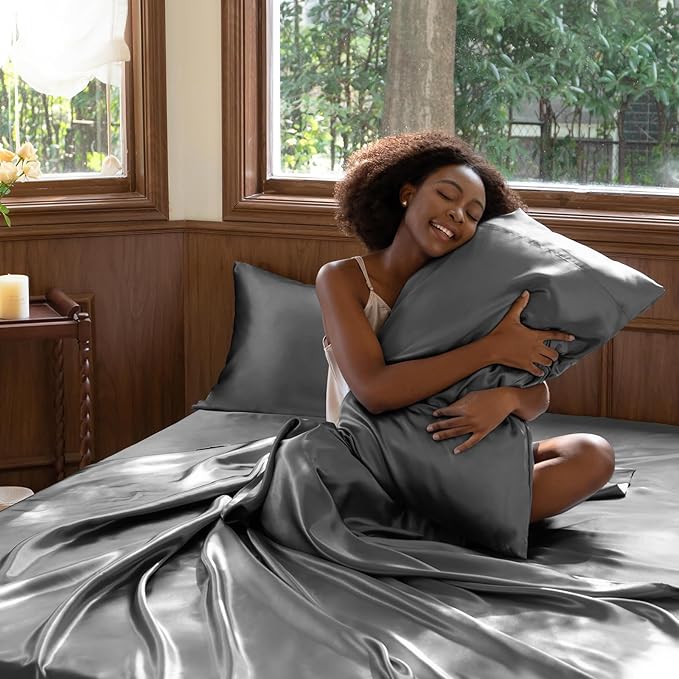 CozyLux Satin Sheets Twin Sheet Set - 3 Piece Silky Twin Bed Sheets, Luxury Dark Grey Sheet Twin Size Bed Set with Smooth and Soft Microfiber, Includes 1 Fitted Sheet, 1 Flat Sheet and 1 Pillowcase