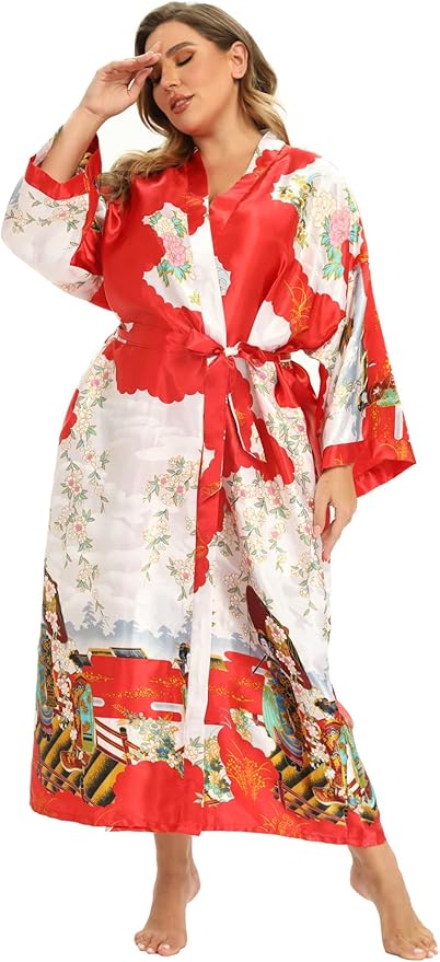 Women's Floral Long Satin Robes Plus Size Long Silk Robes Peacock Floral Kimonos Sleepwear Dressing Gown