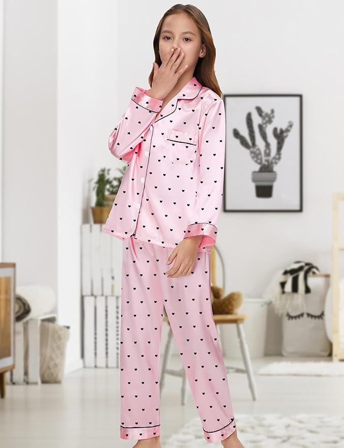 EPLAZA Kids Satin Pajamas Sets Girls Boys Button-Down Silky Pajamas Sleepwear with Hairband Eye Mask Hair Tie