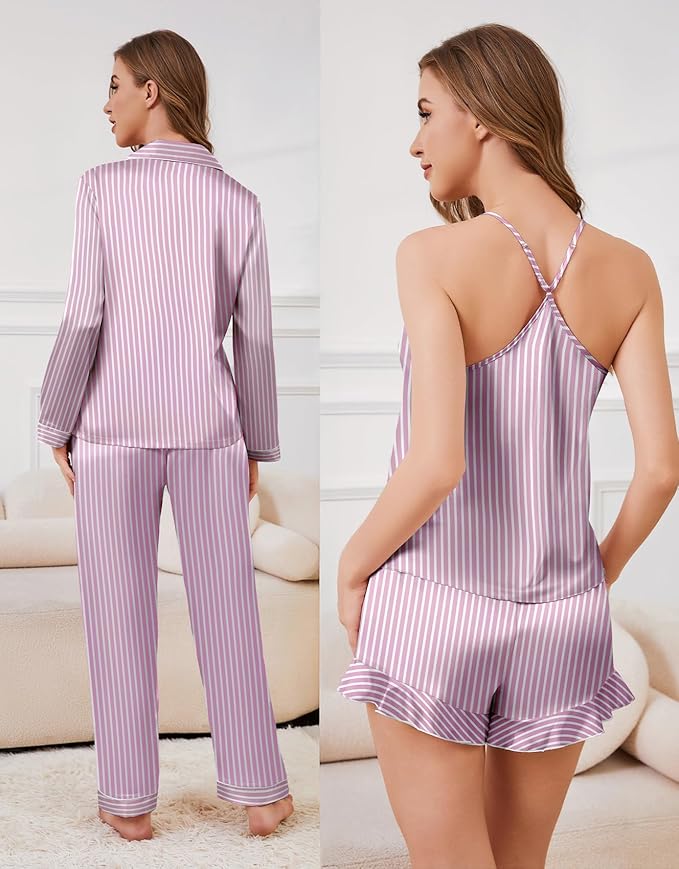 SAPJON Satin Silk Pajamas for Women Set 5PCS Classic Button Down Pajamas Top and Pants Cami and Ruffle Shorts Sleepwear