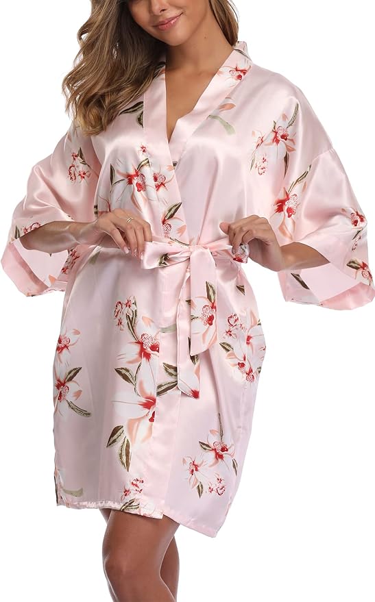 Women's Floral Satin Robes Bride Bridesmaid Getting Ready Robe Short Silky Kimono Sleepwear for Wedding Party