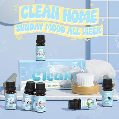 ARVIDSSON Clean Essential Oils Set, Natural Fragrance Oil for Diffuser, Soap Making - Fresh Linen, Clean Home, Fresh Cotton, Soft Powder, Blossom Soap, Lemongrass, Refreshing Scented Oils for Home
