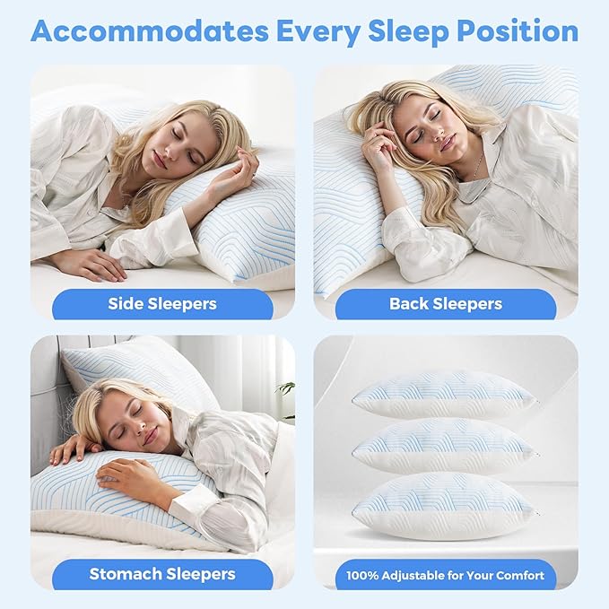 Cooling Bed Pillows for Sleeping 2 Pack Shredded Memory Foam Pillows King Size Set of 2 Adjustable Supportive Pillow for Back Stomach Side Sleepers Washable Removable Cover