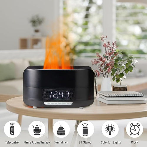 Aroma Diffuser with Bluetooth Speaker, 5-in-1 Essential Oil Diffuser Flickering Flame, 400mL Humidifier LED Clock Remote, Quiet for Bedroom Home Office Auto Shut-Off Gift (Black)