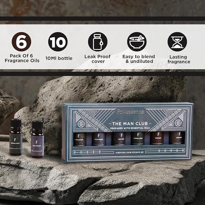 Folkulture Essential Oils Set for Men for Diffuser | Set of 6 Home Fragrance Oils | Oud, White Musk, Tobacco, Sandalwood & Leather Wood | Aromatherapy Gift Set for Men