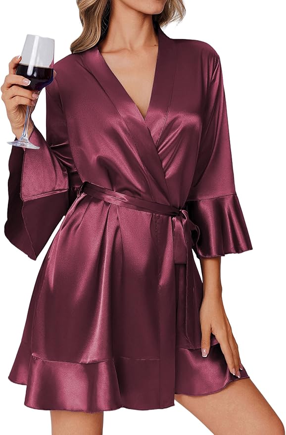 Ekouaer Women's Satin Robe Short Ruffle Hem Silky Robes Lightweight Kimono Brides Bathrobes Sleepwear XS-XXL