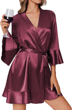 Ekouaer Women's Satin Robe Short Ruffle Hem Silky Robes Lightweight Kimono Brides Bathrobes Sleepwear XS-XXL