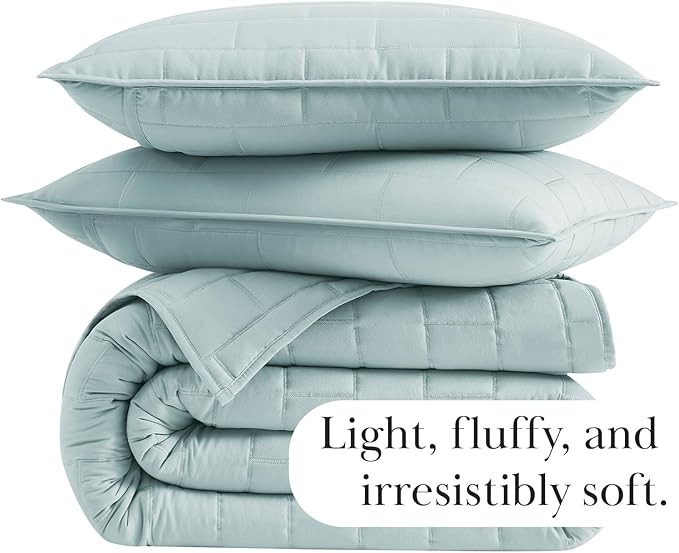 Southshore Fine Living, Inc. Oversized Bedding Quilt Twin XL Coverlet with Matching Quilted Pillow Sham, Brick Pattern Stitching, All Season Quilted Coverlet, Lightweight Twin Size Bedspread, Sky Blue