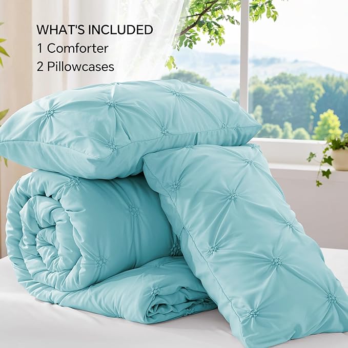 BEDELITE Macaron Blue King Size Comforter Set - 3 Pieces Boho Pintuck Bedding Comforter Sets, Lightweight Soft & Warm King Bedding Set with 2 Pillowcases for All Season