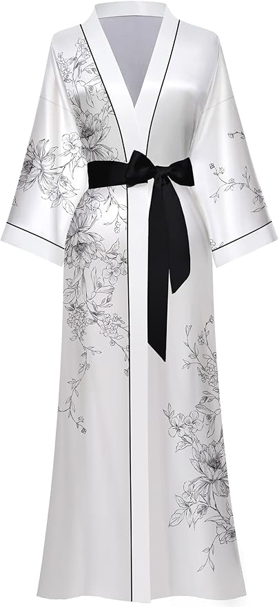 Kihnop Women's Floral Long Kimono Robe Long Satin Robe Long Silk Robe Ladies Kimonos Silky Bathrobe Cover Up, One Size