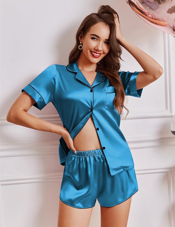 Ekouaer Womens Silk Satin Pajamas Short Sleeve PJS Shorts Set Soft Button Down Sleepwear 2 Piece Loungewear S-5XL