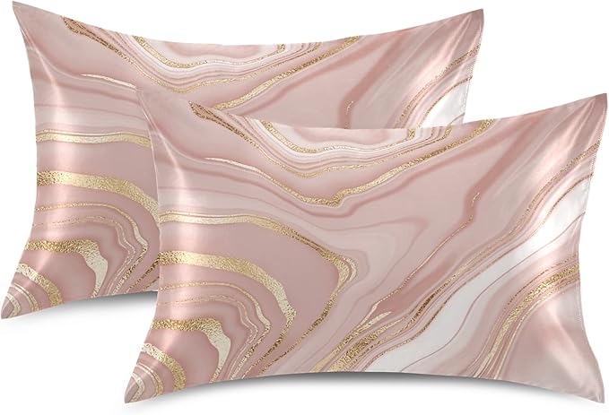 Rose Gold Satin Pillowcase for Hair and Skin, Rose Gold Marble Silk Pillow Case with Envelope Closure, Standard Size 20x26 inches, 1 PC
