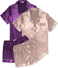 Ekouaer 2 Pack Pajama Sets for Women Silk Satin Pj Short Sleeve Button Down Sleepwear Top and Shorts Summer Lounge Set S-XXL