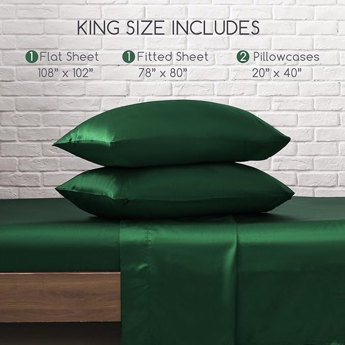 MR&HM Satin Bed Sheets, King Size Sheets Set, 4 Pcs Silky Bedding Set with 15 Inches Deep Pocket for Mattress (King, Dark Green)