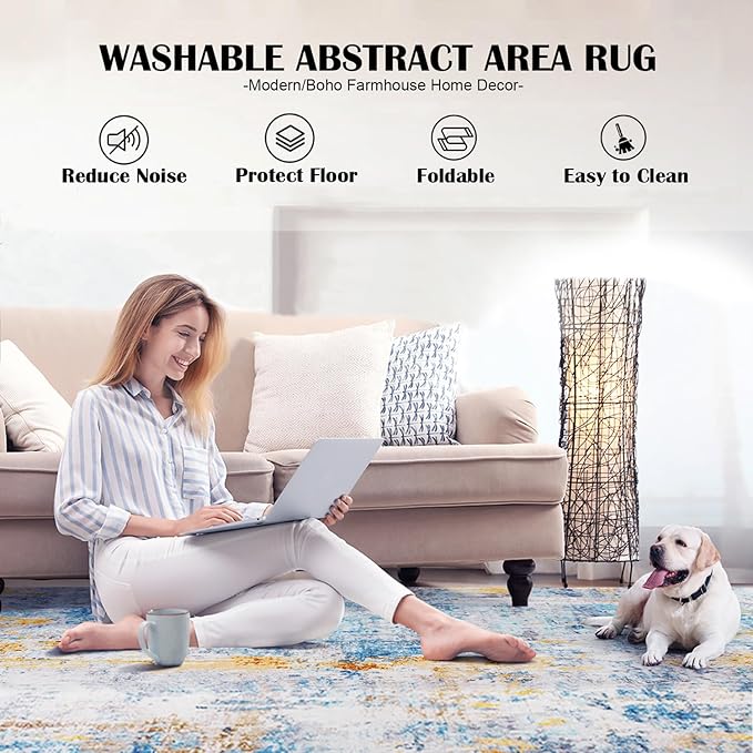 Area Rug 5x7 Washable Rugs Modern Abstract Area Rug Soft Non-Slip Non-Shedding Faux Wool Stain Resistant Floor Carpets for Living Room Bedroom Dining Room Kids Room Home Office (Teal, Rust)