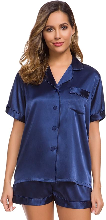 SWOMOG Womens Silk Satin Pajamas Set Short Sleeve Sleepwear Button Down Top and Shorts Loungewear 2 Piece Pjs Set XS-3XL
