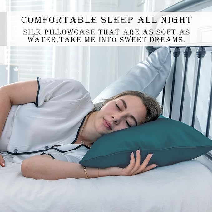 Mulberry Silk Pillowcase for Hair and Skin Standard Size 20"X 26" Pillow Case with Hidden Zipper Soft Breathable Smooth Cooling Silk Pillow Covers for Sleeping (Teal,Standard,1Pcs)