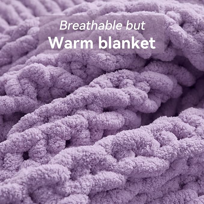 Negwoo Chunky Knit Throw Blanket, 40''*50'' Knitted Throw Chenille Yarn for Bed Couch, Handmade Light Purple Crochet Big Thick Blanket, Machine Washable Cute Comfy Blanket for Home Decor