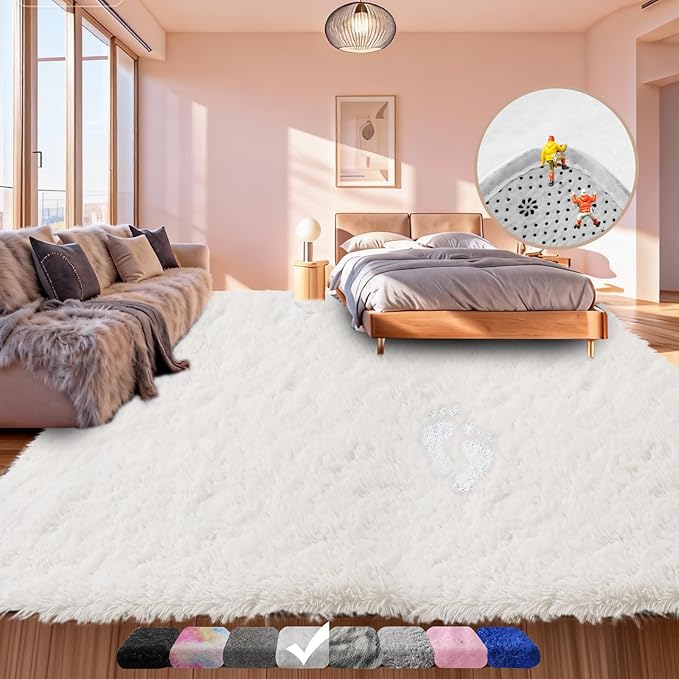 Soft Shag Area Rugs for Living Room White, Fluffy Furry Shaggy Fuzzy Area Rug 4x6, Upgrade Non-Slip Rectangular Shag Carpet, High Pile Soft Throw Rug for Bedroom and Kids Room, Home Decor Aesthetic