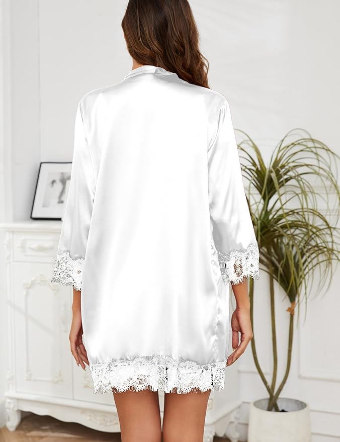 Womens 4 Pcs Lingeries Silk Pajamas Robes Set Sexy Pjs Cami Shorts Satin Sleepwear Lace Loungewear