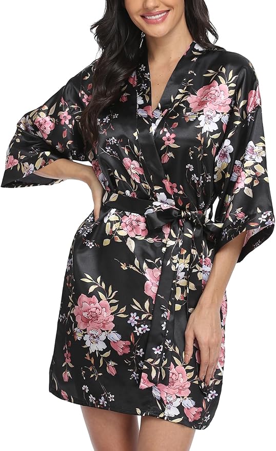 Women's Floral Satin Robes Bride Bridesmaid Getting Ready Robe Short Silky Kimono Sleepwear for Wedding Party