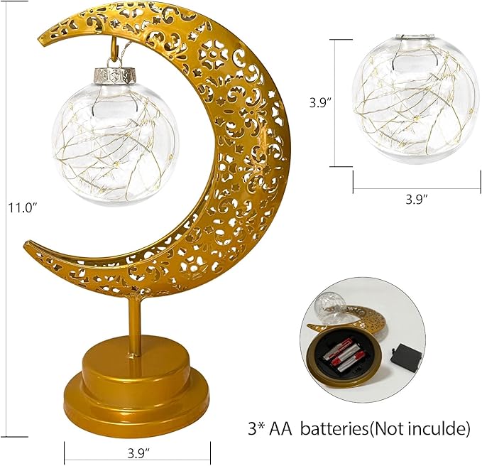 Decorative Table Lamp, Crescent Moon Lamp Ramadan Table Decor, Battery Powered Christmas Ramadan Desk Lamp Decorations for Home, Patterned Hollow Out Warm Boho Light for Bedrooms Nightstand