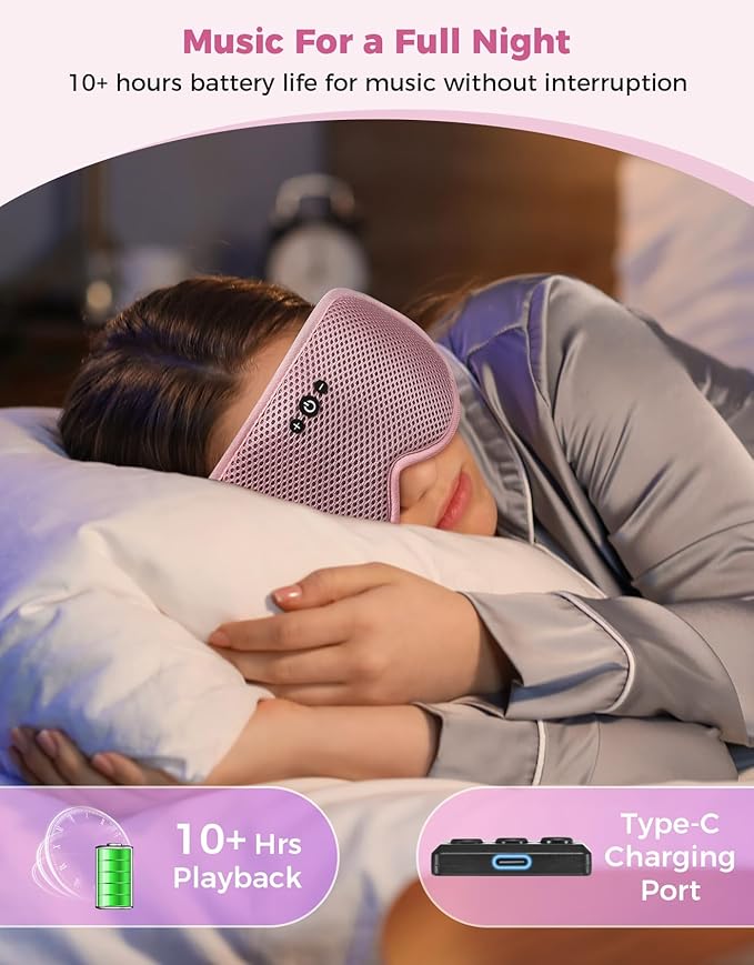 Sleep Mask with Bluetooth Headphones, Removable 3D Contoured Cup, Wireless Eye Mask for Sleep, Sleeping Headphones with Thin Stereo Speakers for Men, Women, Travel, Relaxation - Pink