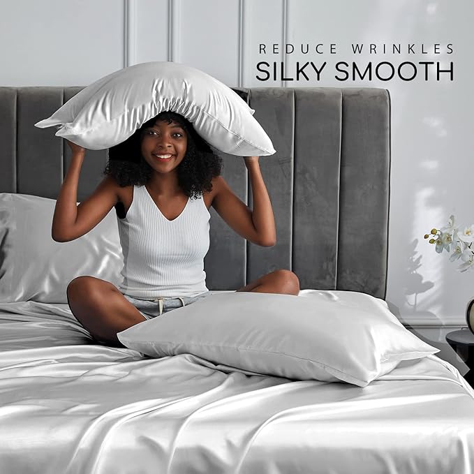MR&HM Satin Bed Sheets, Queen Size Sheets Set, 6 Pcs Silky Bedding Set with 15 Inches Deep Pocket for Mattress (Queen, Silver Grey)