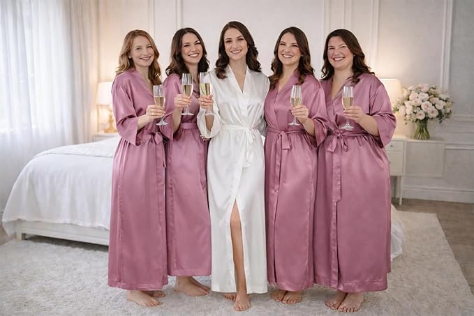 Silk Robes for Women Ankle Length Satin Kimono Robes with Belt Bridemaids Sleepwear Bachelorette Nightgown