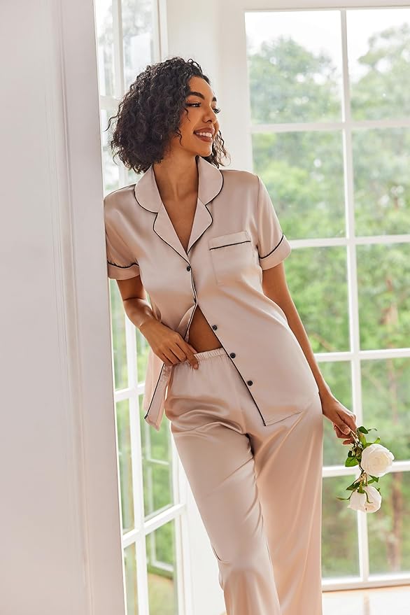 Ekouaer Silk Satin Pajamas Set Women Short Sleeve Sleepwear Soft Button Down Loungewear Pjs Set