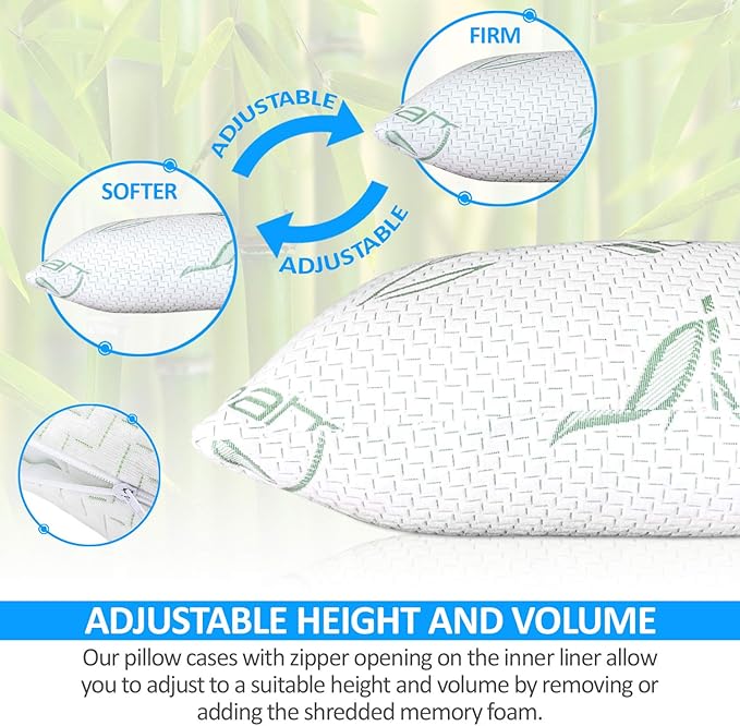 Elif King Size Pillows for Sleeping, Set of 2 – Cooling Shredded Memory Foam Pillows with Removable Cover for Back, Stomach & Side Sleepers, Rayon Derived from Bamboo, King (2 Pack)