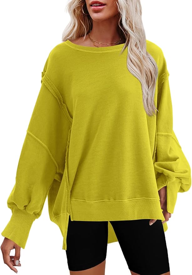 Nirovien Womens Oversized Crewneck Sweatshirt Side Slit Long Sleeve Pullover Slouchy Fit Tops
