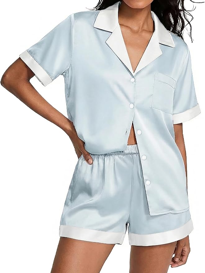Ekouaer Womens Silk Satin Pajamas Set Short Sleeve Sleepwear Button Down Loungewear 2 Piece Pjs Shorts Set