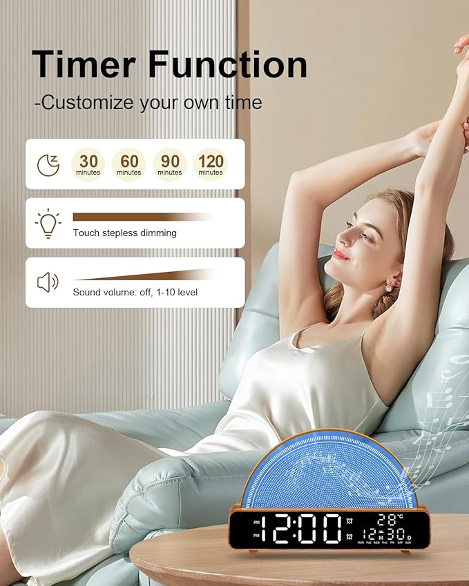 HAODINGMAI Sunrise Alarm Clock Wake Up Light with Sunrise Simulation White Noise Machine Touch Control Bedside Lamps Colors Atmosphere Lamp 30/60/90 Sleep Timer 13 Nature Sounds