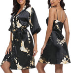 Women's Satin Robe Sets 2 Piece Nightgown Silk Pajama Sexy Floral Lingerie Lace Cami Sleepwear Night Robes