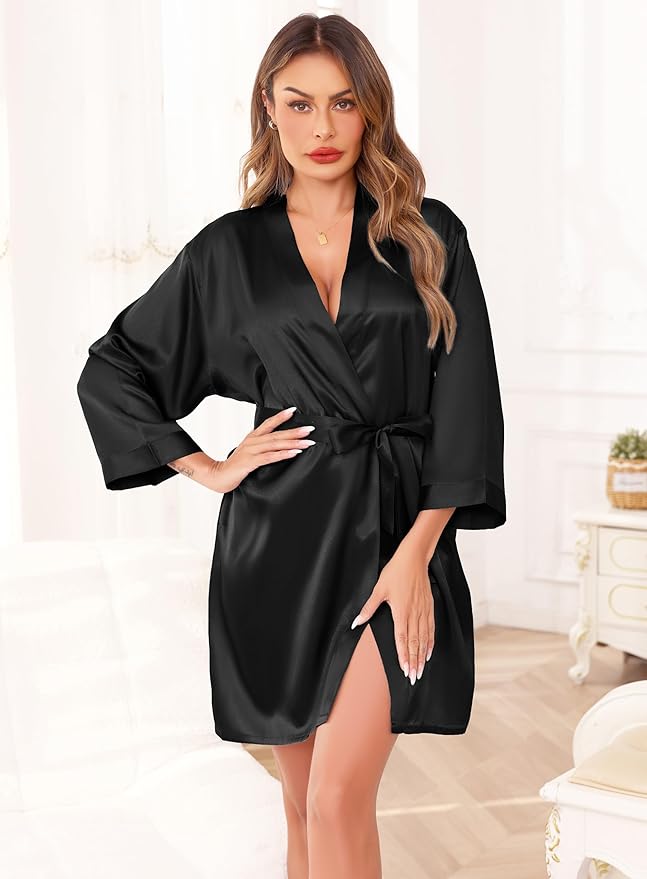Women's Robes Satin Bathrobe Lightweight Short Silk Kimono V-Neck Bride Bridesmaids Loungewear