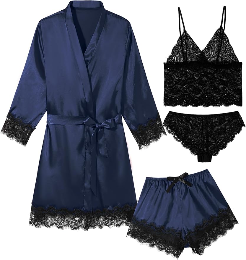Womens 4 Pcs Lingeries Silk Pajamas Robes Set Sexy Pjs Cami Shorts Satin Sleepwear Lace Loungewear