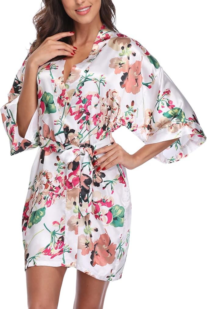 Women's Floral Satin Robes Bride Bridesmaid Getting Ready Robe Short Silky Kimono Sleepwear for Wedding Party