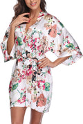 Women's Floral Satin Robes Bride Bridesmaid Getting Ready Robe Short Silky Kimono Sleepwear for Wedding Party