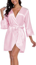 Lace Trim Satin Robes for Women Bride Bridesmaid Silky Kimono Robe Valentines Lingerie with Bell Sleeves