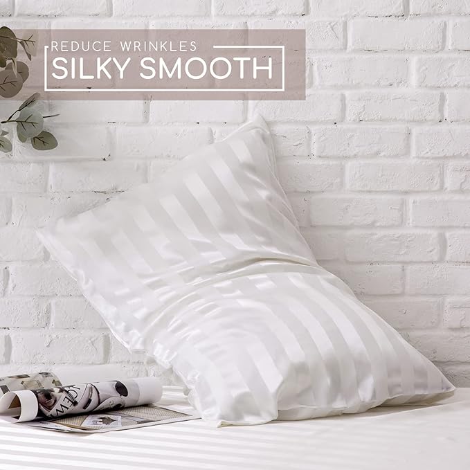 MR&HM Satin Bed Sheets, King Size Sheets Set, 4 Pcs Silky Bedding Set with 15 Inches Deep Pocket for Mattress (King, Ivory Striped)